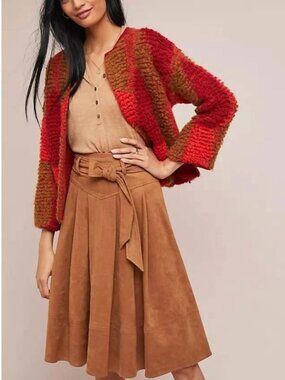 Anthropologie Akemi + Kin Skirt Tan Faux Suede Skirt Swing Belted Pleated Size 6